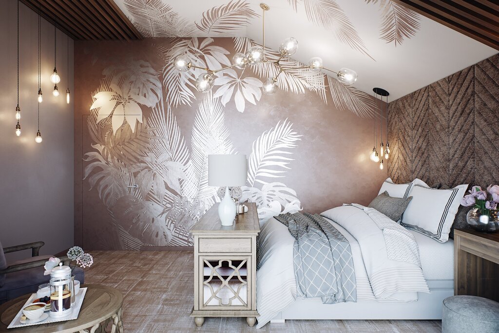 Photo wallpaper feathers in the bedroom interior