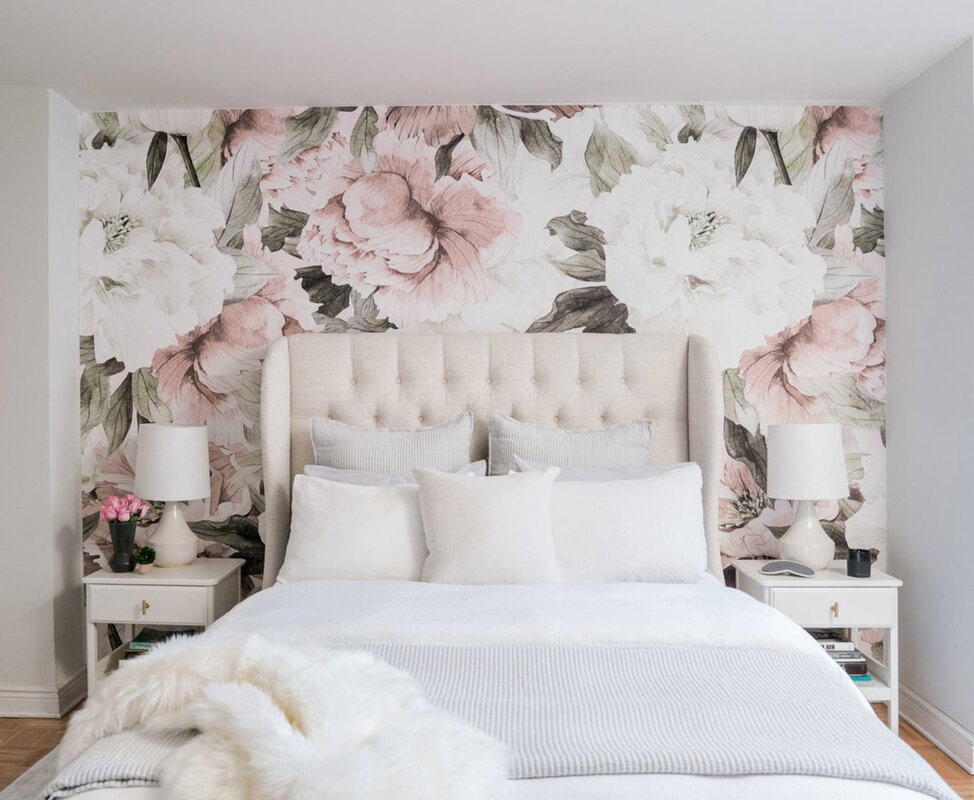 Photo wallpaper peonies on the wall in the bedroom