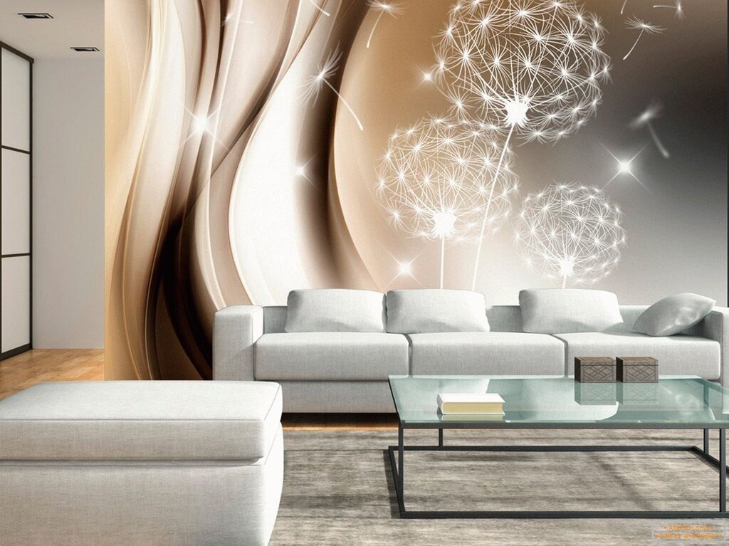 Photo wallpaper in the living room interior behind the sofa 30 фото