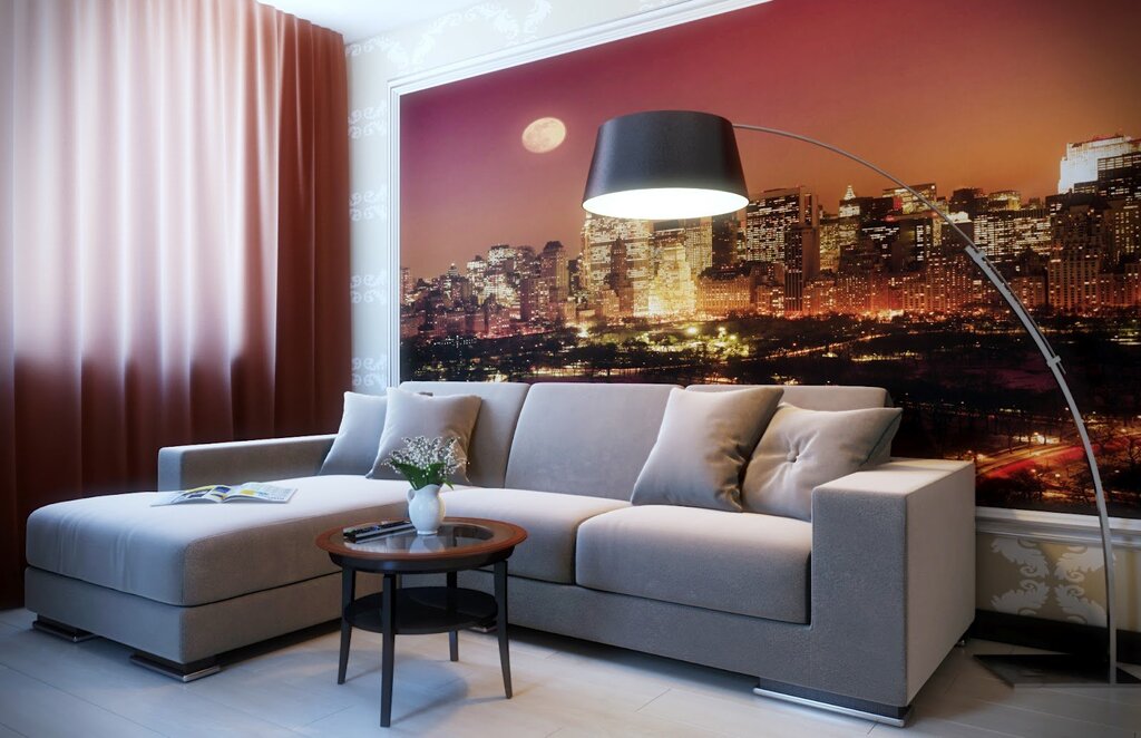 Wall murals behind the sofa