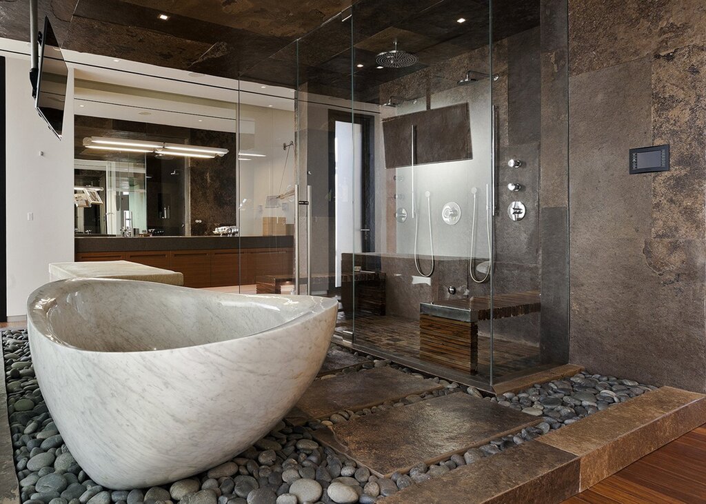 Pebbles in bathroom interior