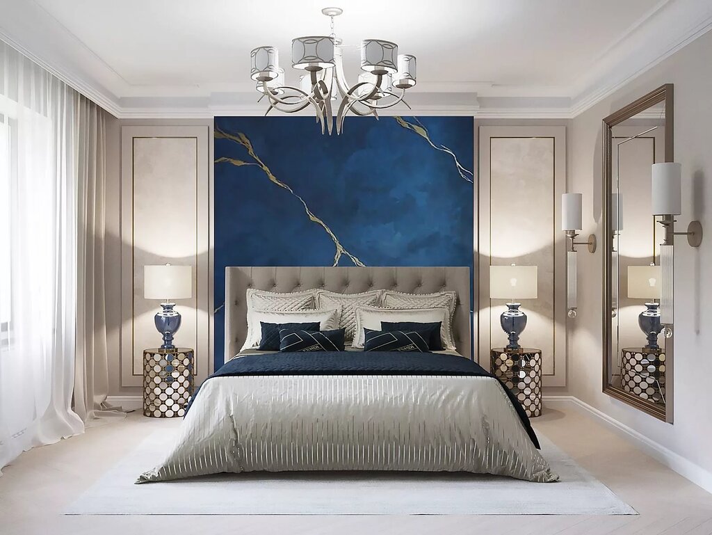 A blue bed in the bedroom interior