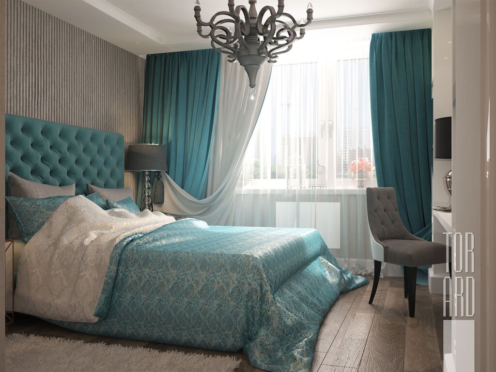 Blue curtains in the bedroom interior