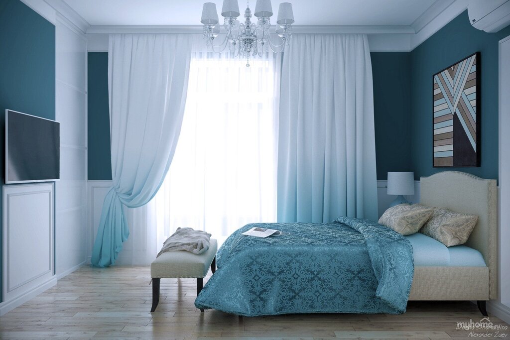 Blue curtains in the bedroom