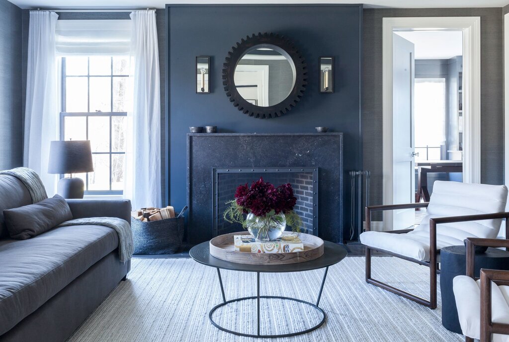 Blue walls in the living room interior