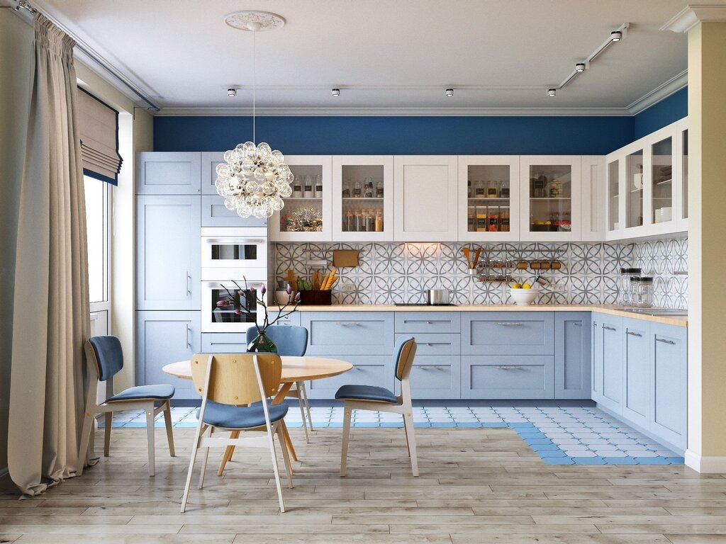 Blue walls in the kitchen interior