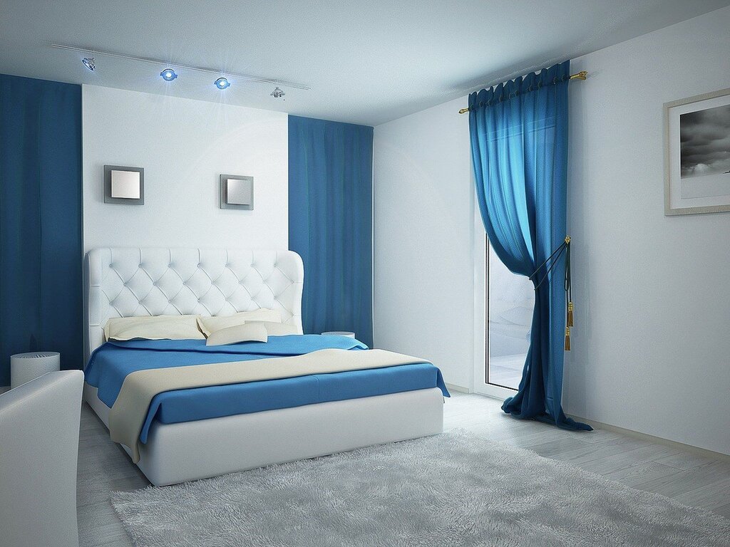 The blue color in the bedroom interior