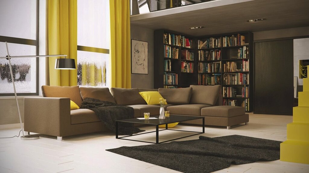 A mustard-colored sofa in the living room interior