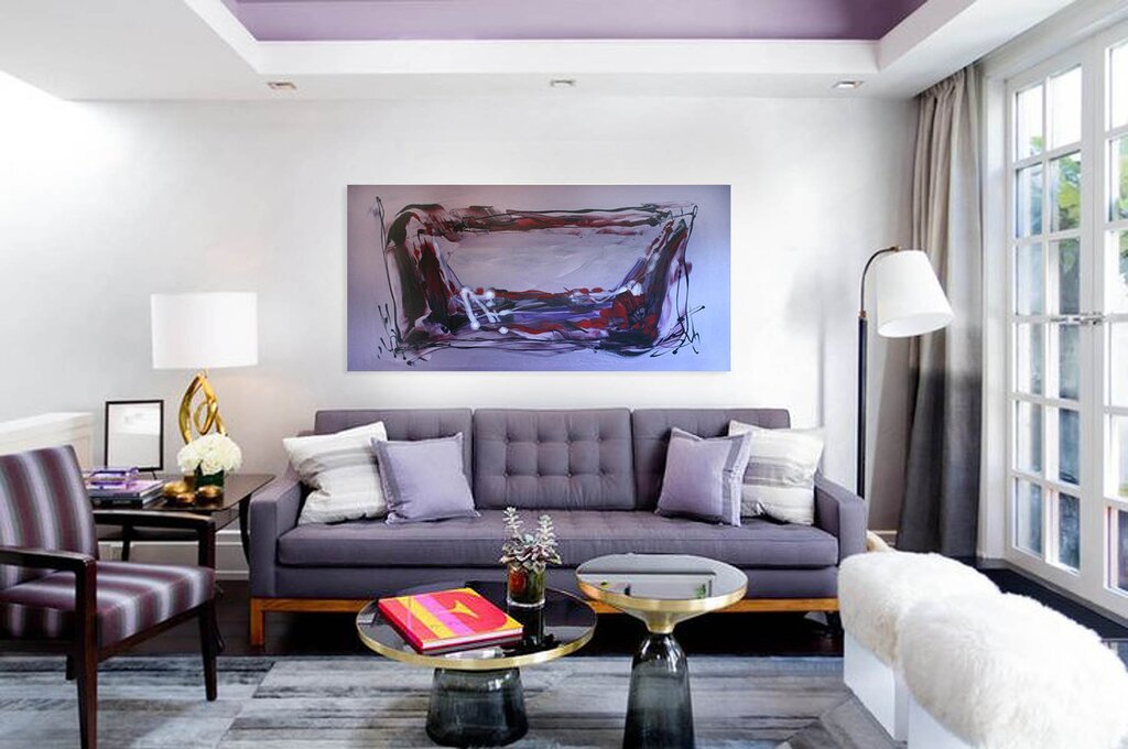 Living room with a purple sofa