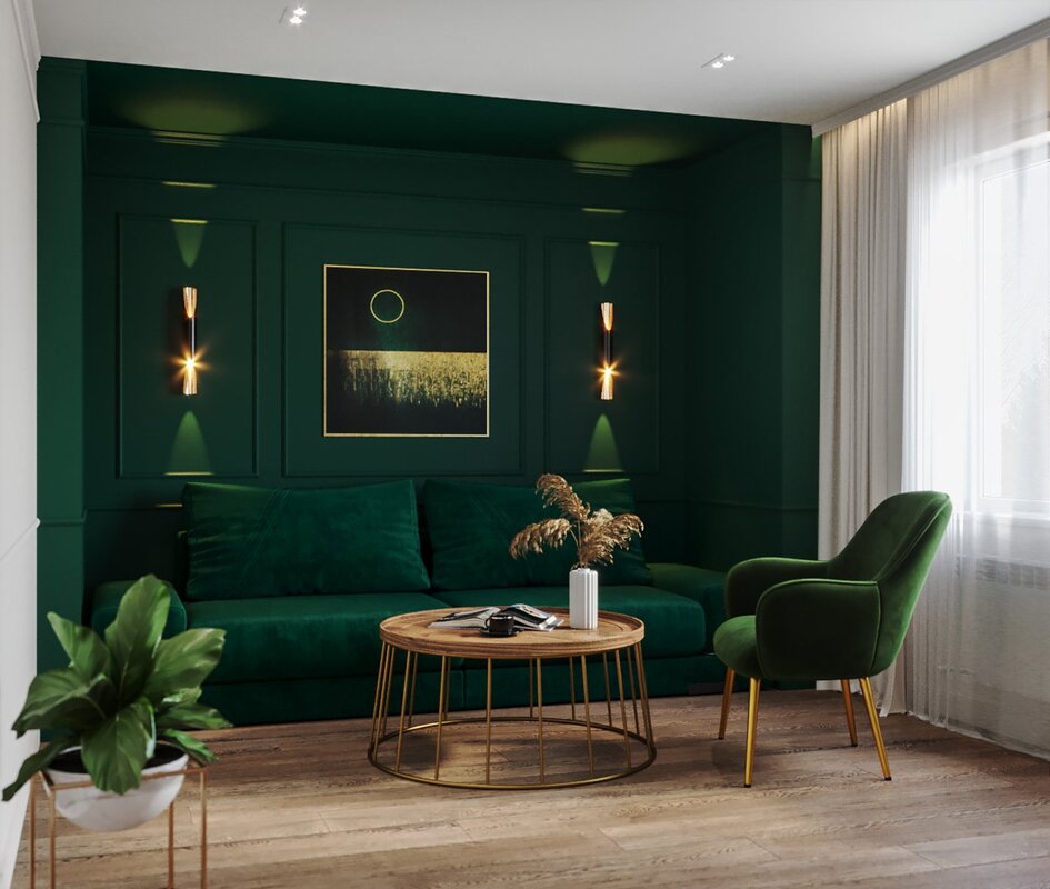 The living room with emerald wallpaper