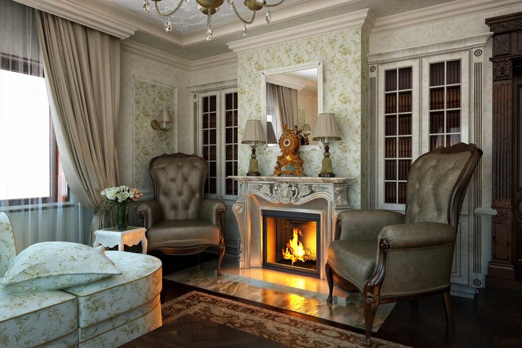 A living room with a fireplace in a classic style