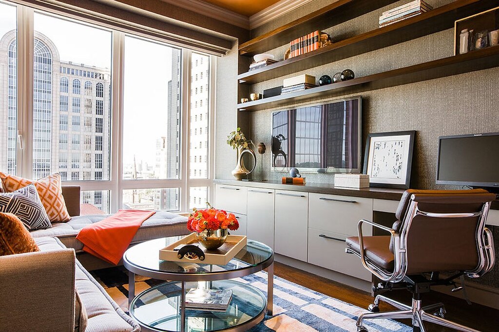 Living room with a work area by the window