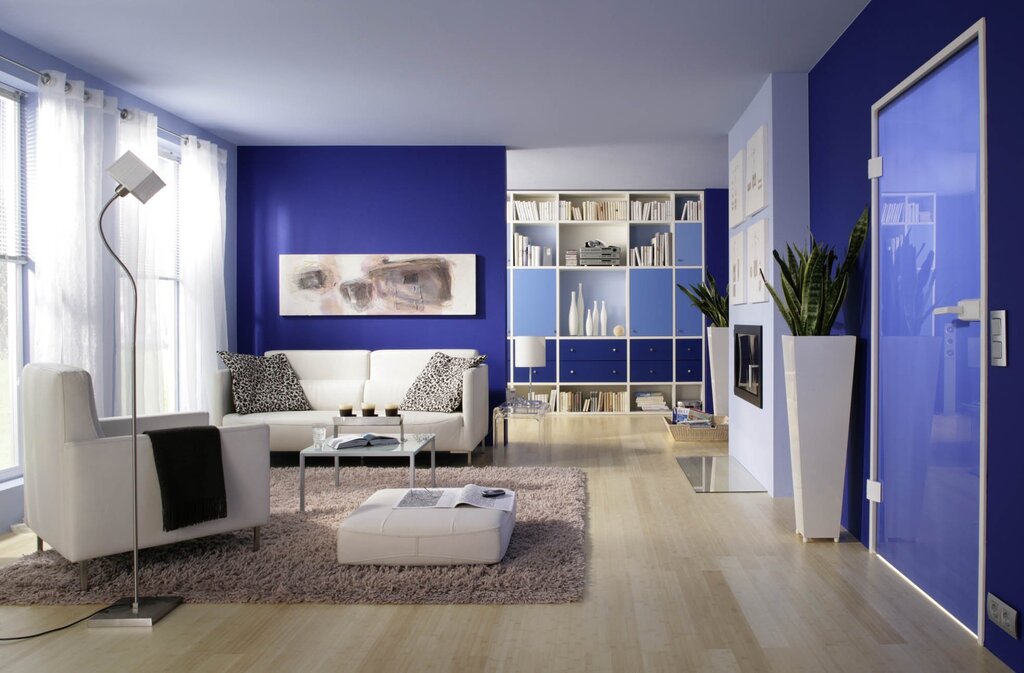 The living room with blue wallpaper