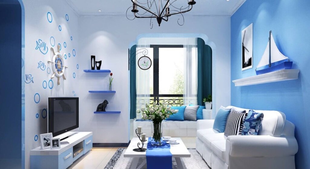 The living room in white and blue tones