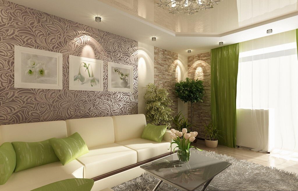 A living room in beige and green tones