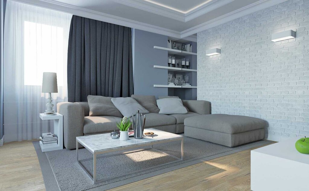 The living room in gray-blue tones