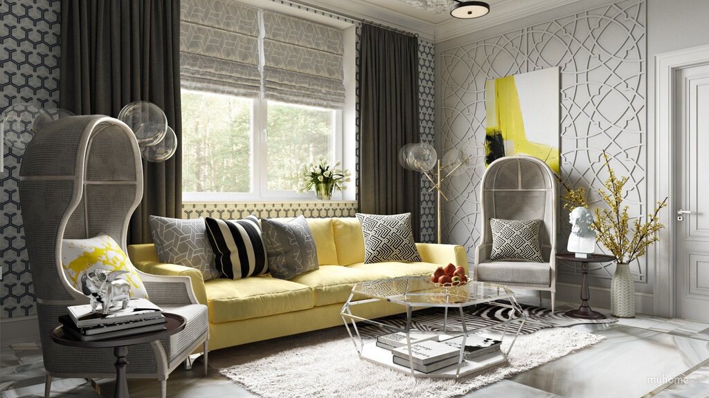 The living room in gray and yellow tones