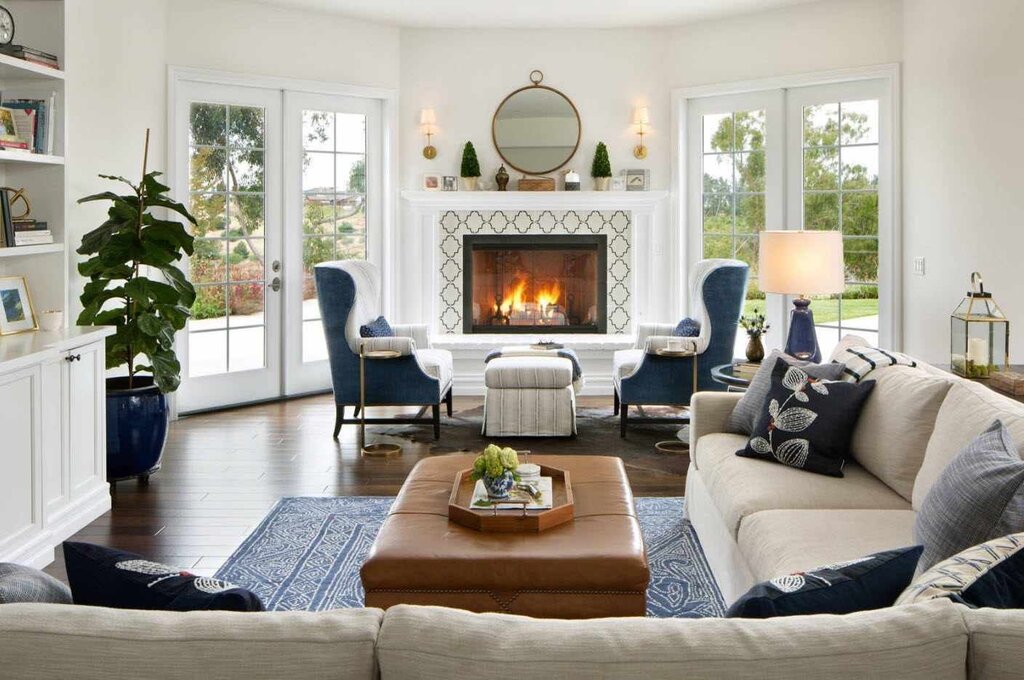 A living room in Scandinavian style with a fireplace