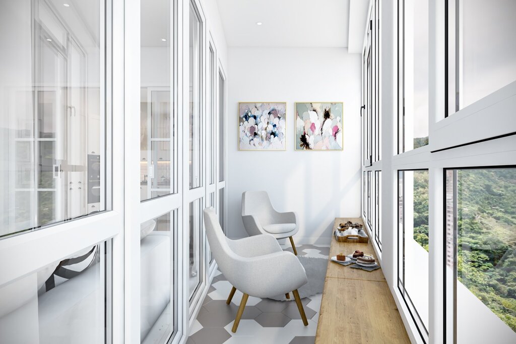 The interior of the balcony with panoramic glazing