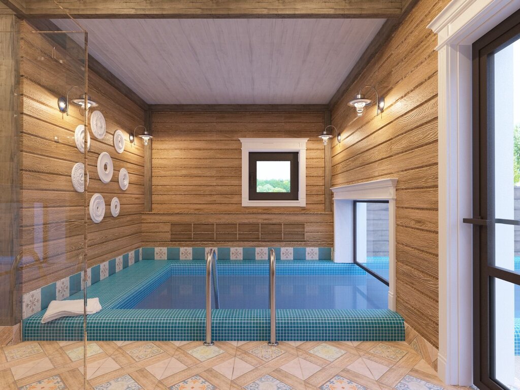 The interior of a sauna with a pool