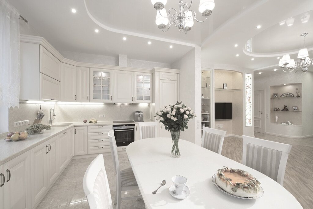 The interior of a white kitchen in a modern style