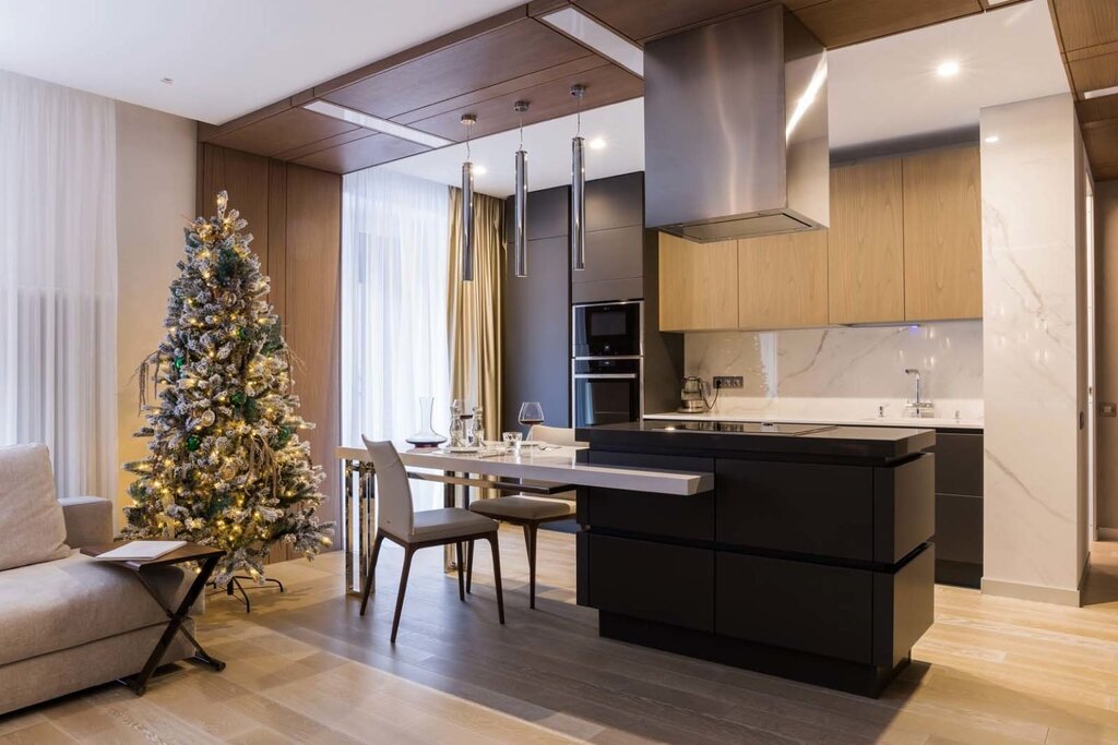 The interior of a large kitchen-living room