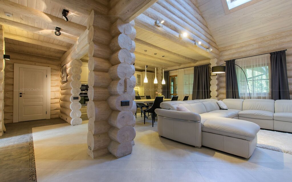 The interior of a log cabin