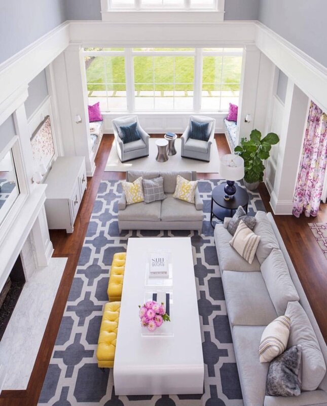 The interior of a long living room