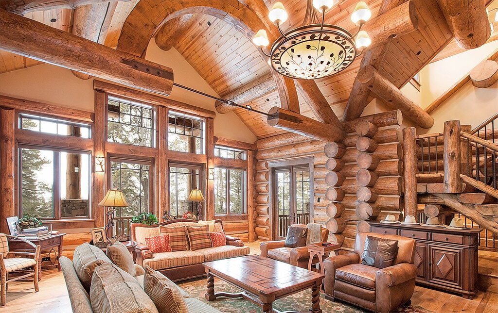 The interior of a house made of rounded logs