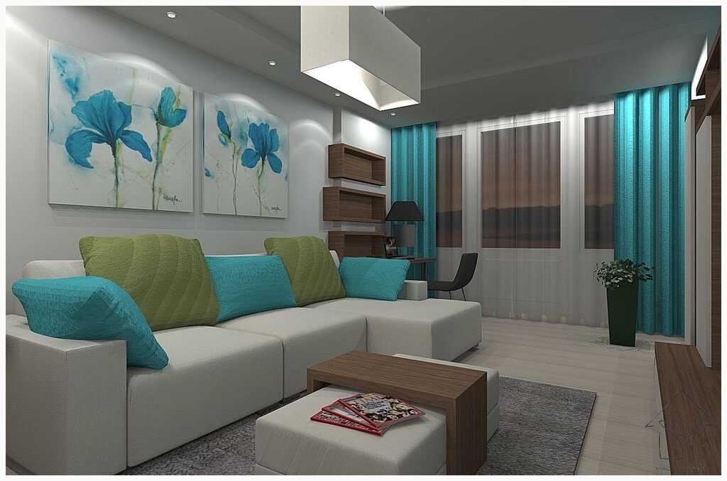 Living room interior with a turquoise sofa