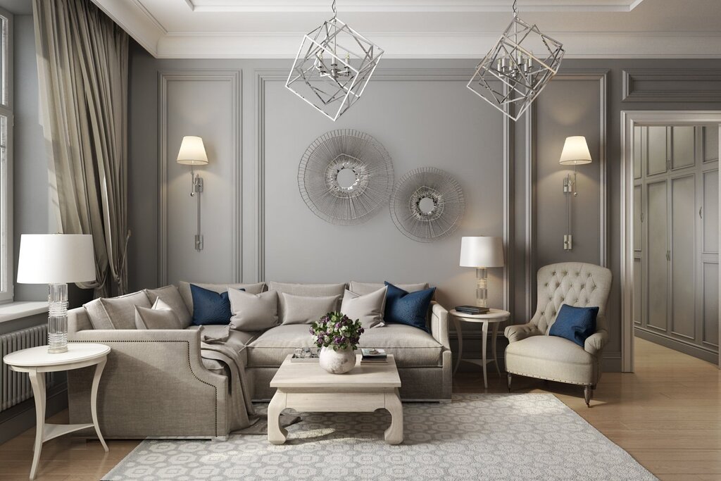 The interior of the living room in gray-beige tones