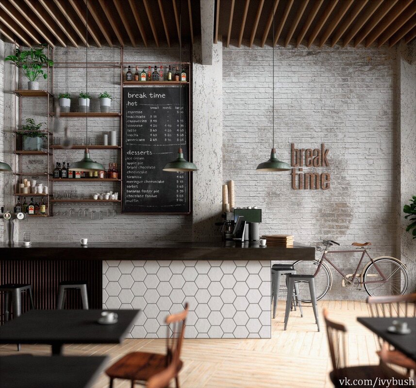 The interior of the coffee shop in loft style