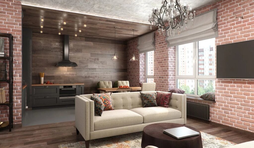 The interior of the kitchen-living room in loft style