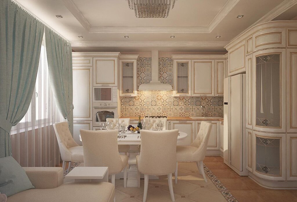 The interior of a kitchen-living room in Provence style