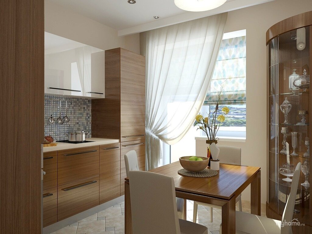 The interior of the kitchen with a balcony door