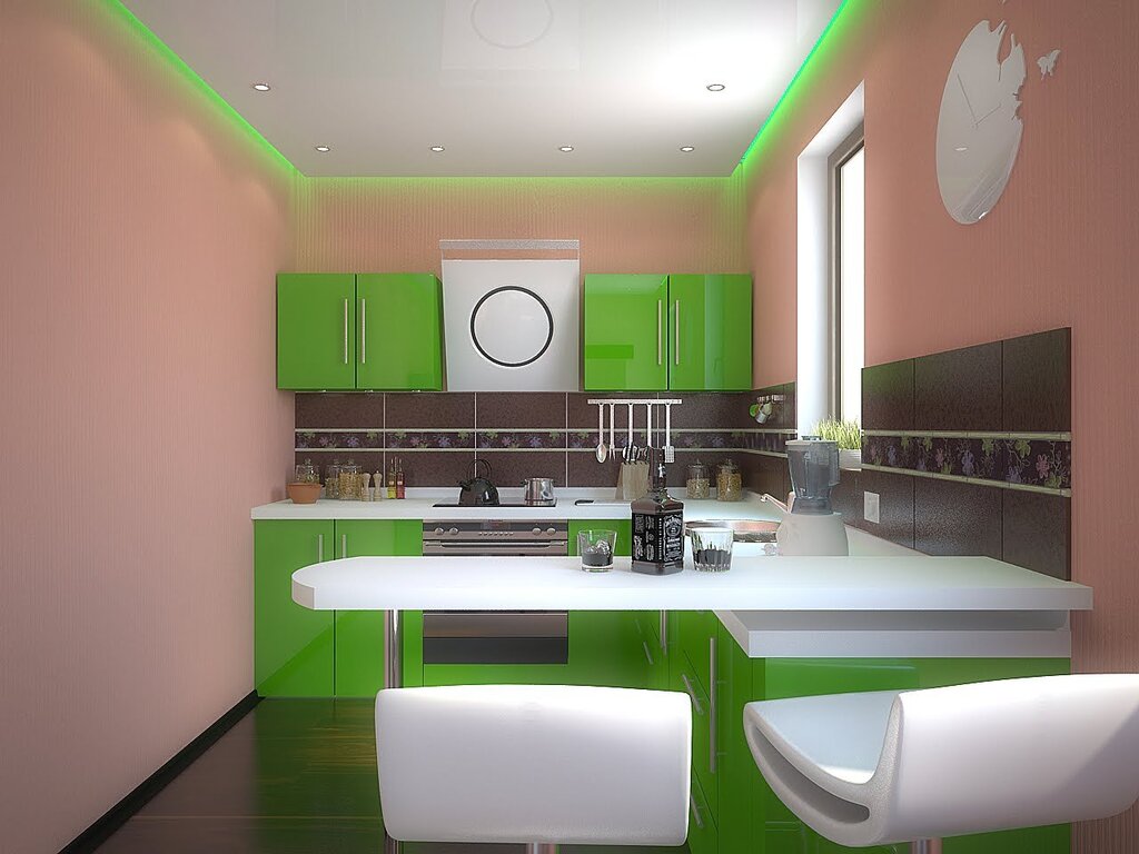 The interior of the kitchen with a green set