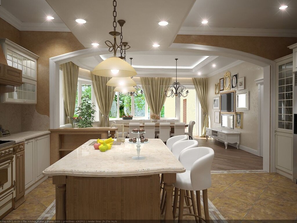 The interior of the kitchen-dining room in a private house