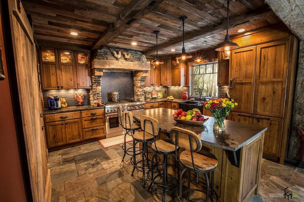 The interior of a kitchen in a rustic style