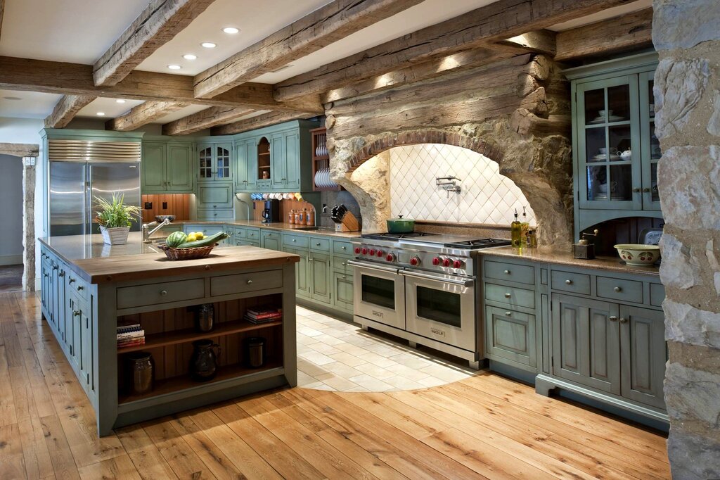 The interior of a kitchen in a wooden house