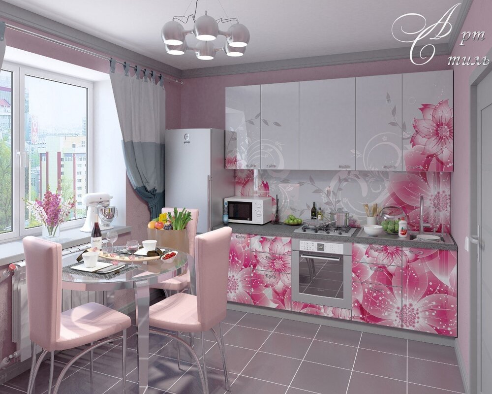 The kitchen interior in gray and pink tones