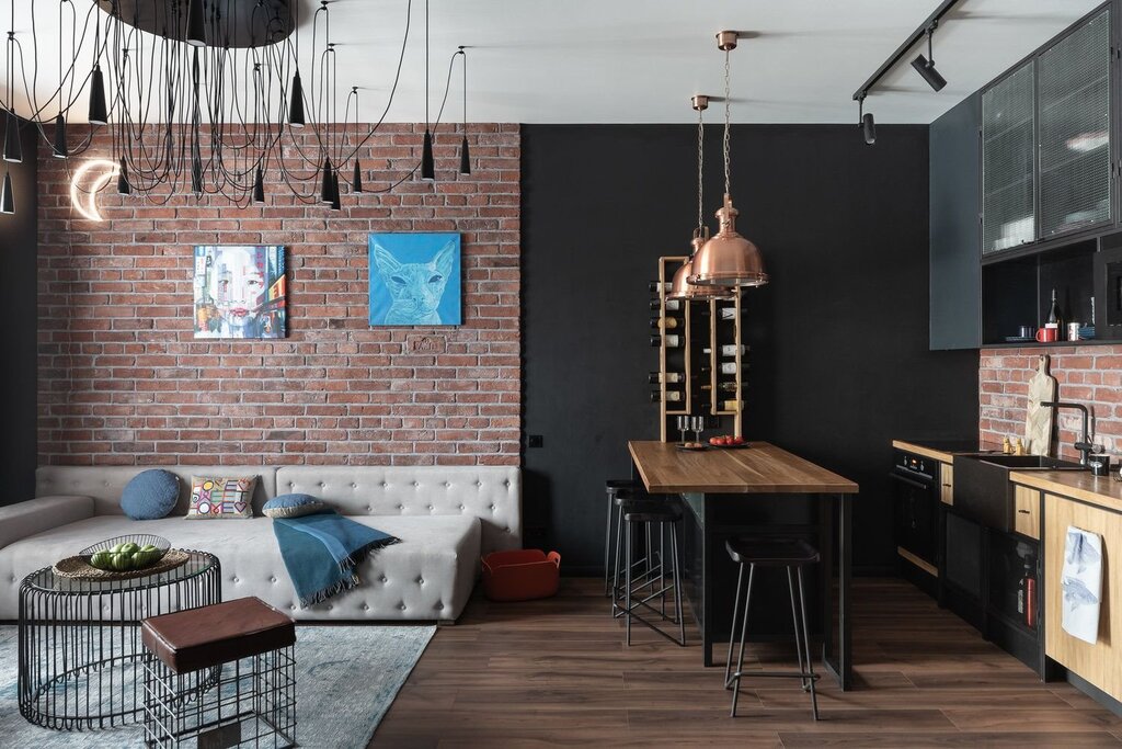 The interior of the kitchen in the loft style