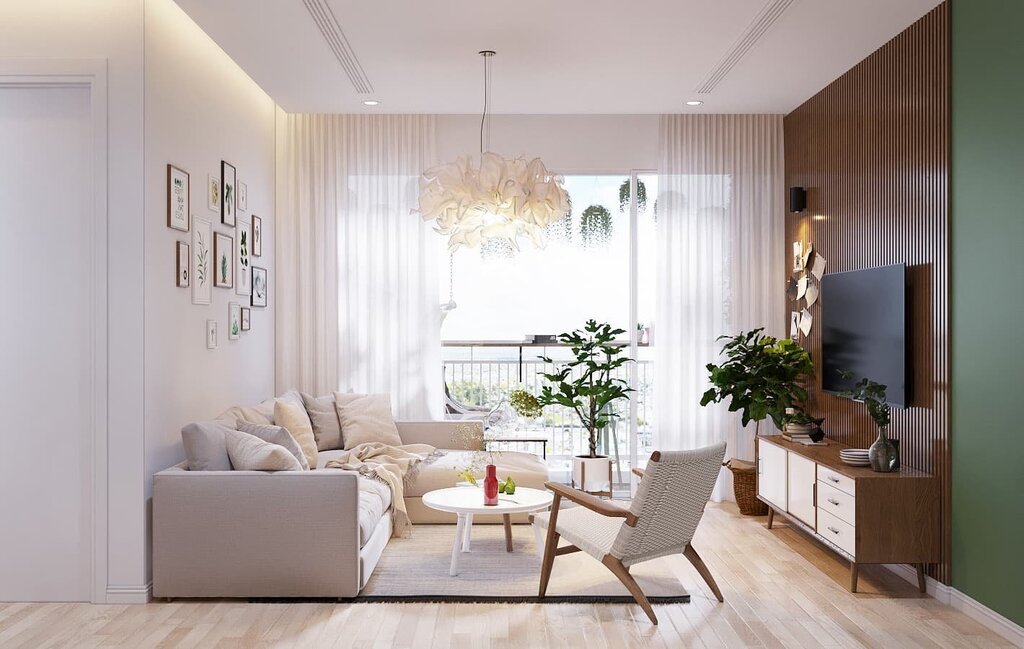 The interior of a small apartment in light colors