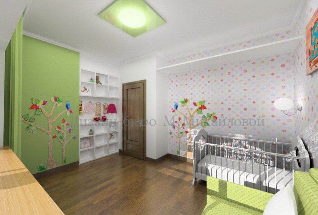 The interior of a one-room apartment with a child