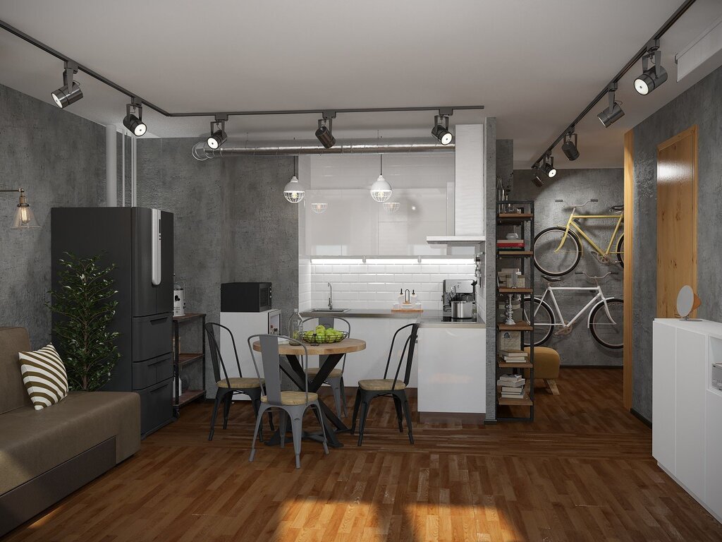 Interior of a one-room apartment in loft style