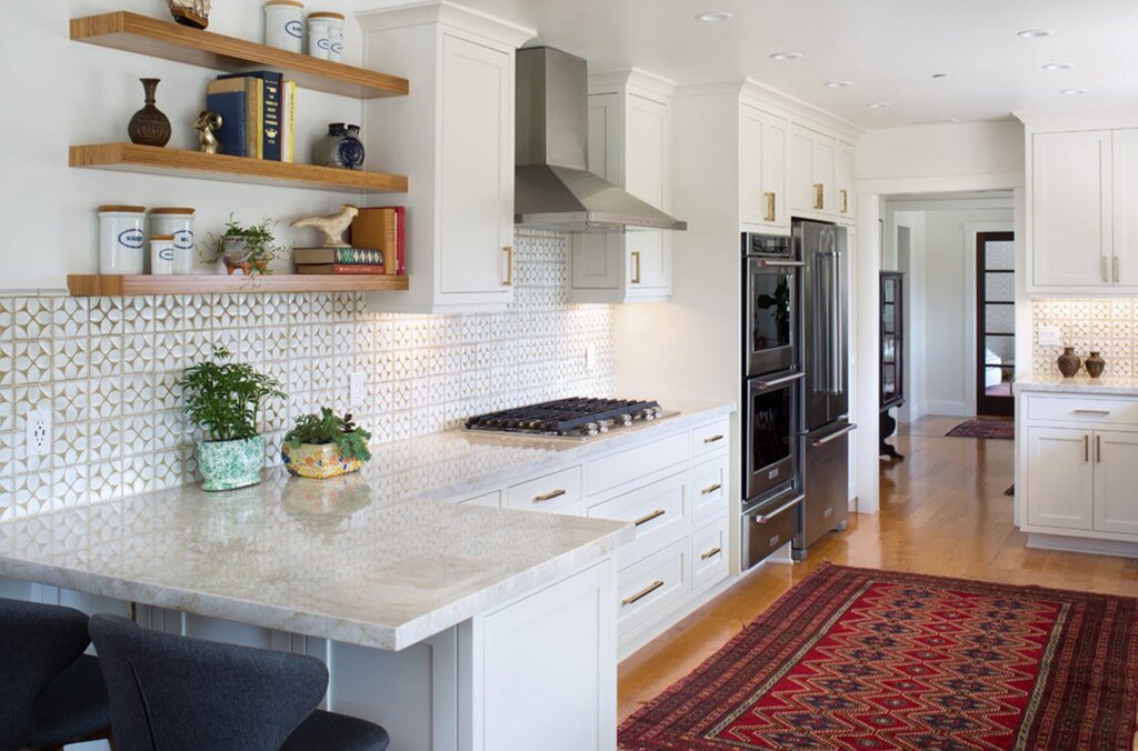 The interior of a walk-through kitchen