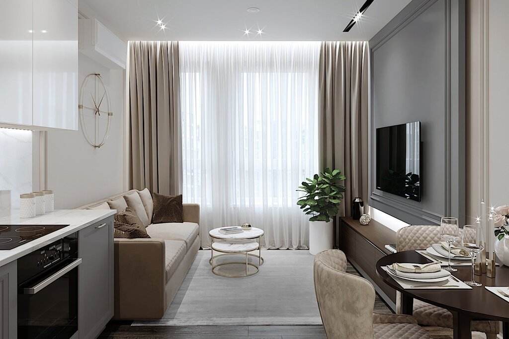 The interior of a rectangular kitchen-living room