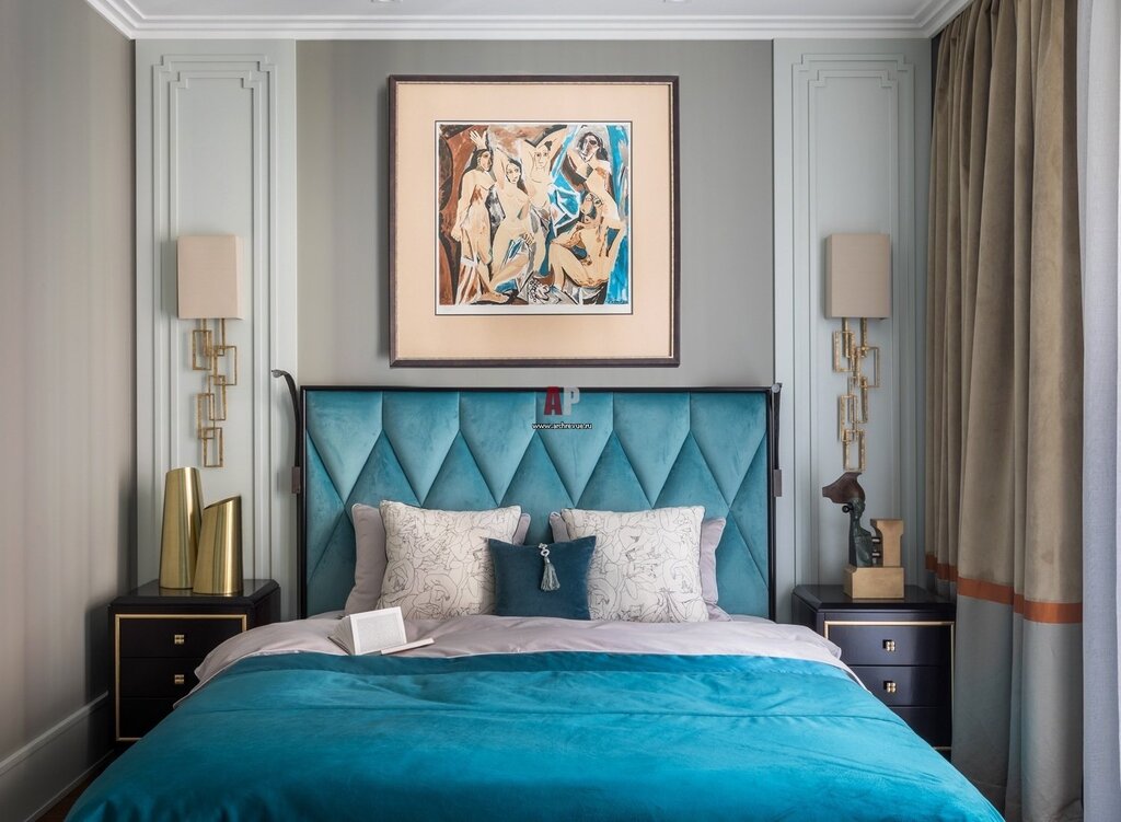 Interior with a turquoise bed