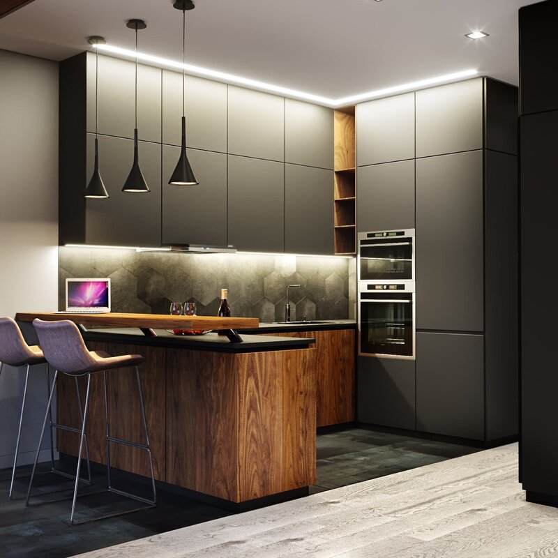 The interior of a modern kitchen in an apartment