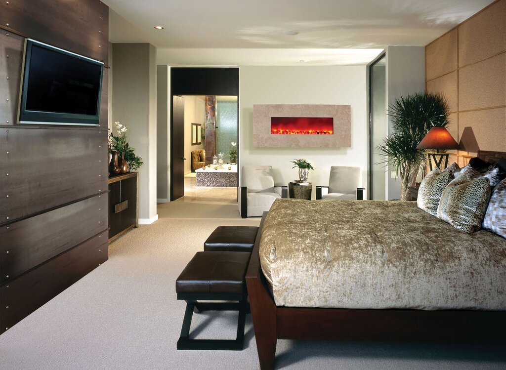 Bedroom interior with a fireplace 47 фото