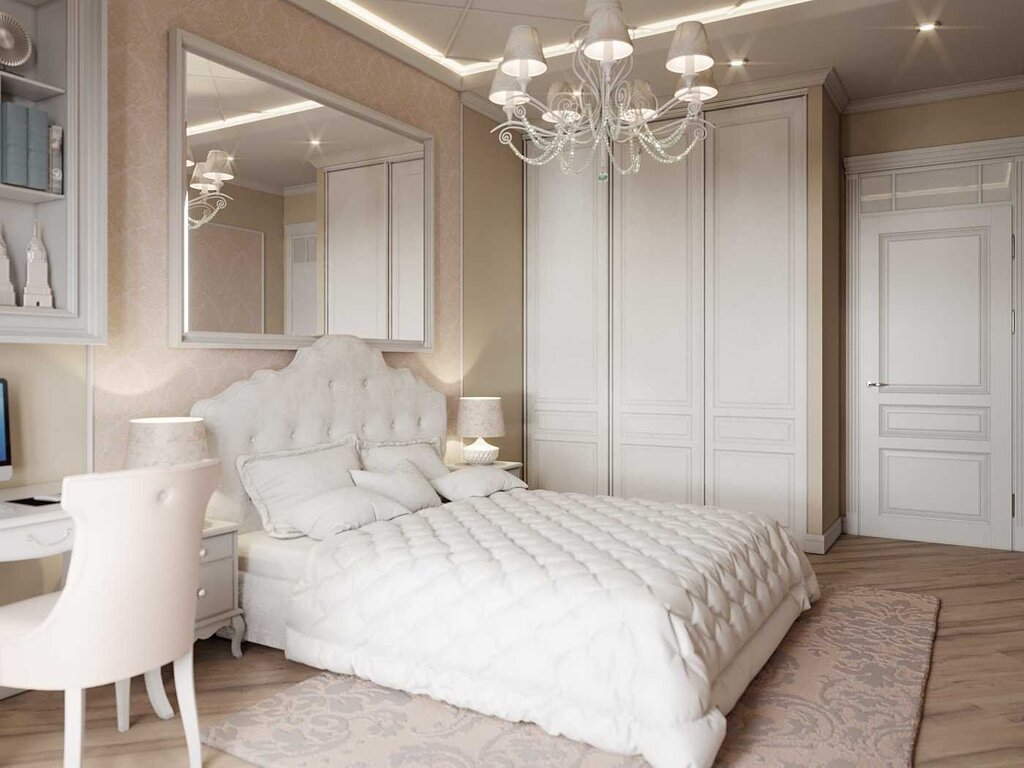 The interior of the bedroom with light-colored furniture 27 фото